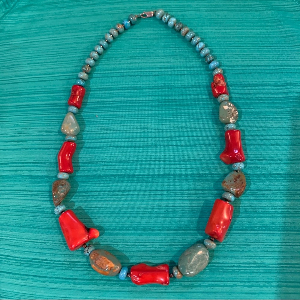 Green turquoise and coral necklace.